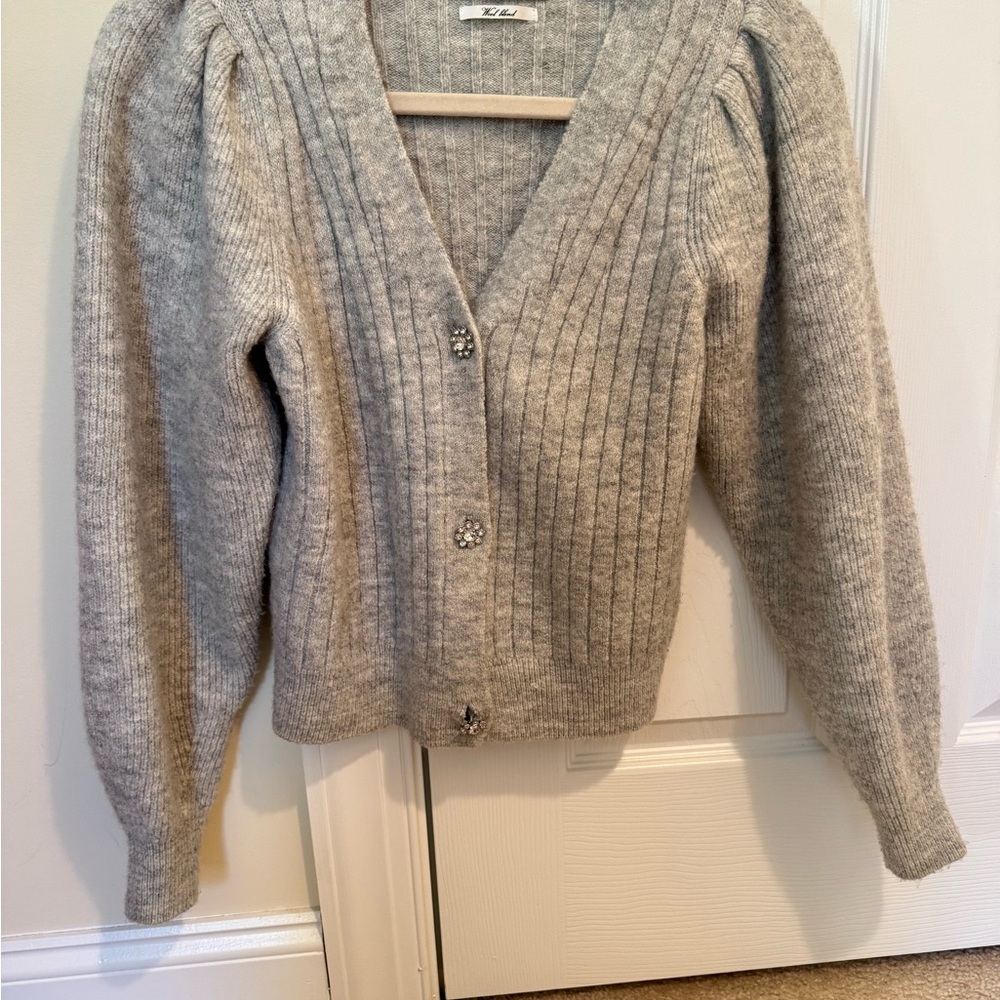 Mango Ribbed Wool Blend Cardigan | Crystal Buttons | Puff Sleeve | Size S